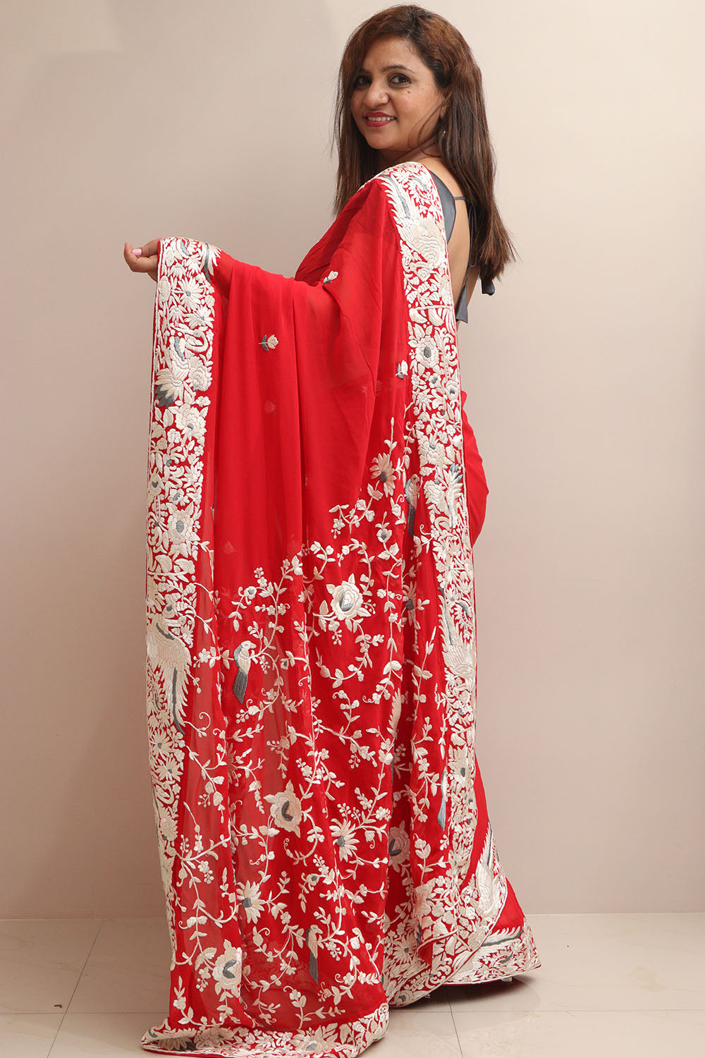Red Hand Embroidered Parsi Gara Georgette Flower Design Saree - Luxurion World