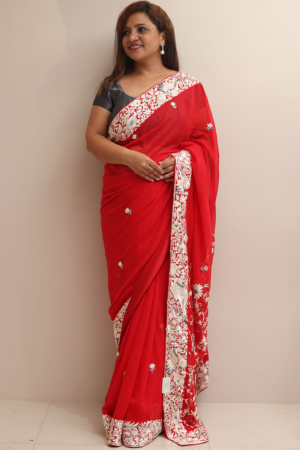 Red Hand Embroidered Parsi Gara Georgette Flower Design Saree - Luxurion World