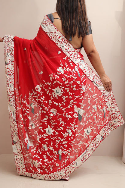 Red Hand Embroidered Parsi Gara Georgette Flower Design Saree - Luxurion World