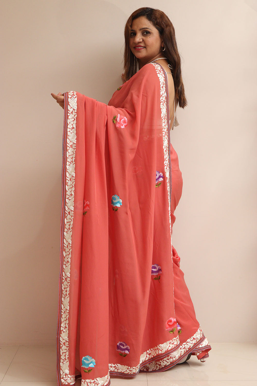 Dark Peach Hand Embroidered Parsi Gara Georgette Flower Design Saree - Luxurion World
