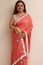 Dark Peach Hand Embroidered Parsi Gara Georgette Flower Design Saree - Luxurion World
