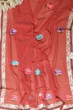 Dark Peach Hand Embroidered Parsi Gara Georgette Flower Design Saree - Luxurion World