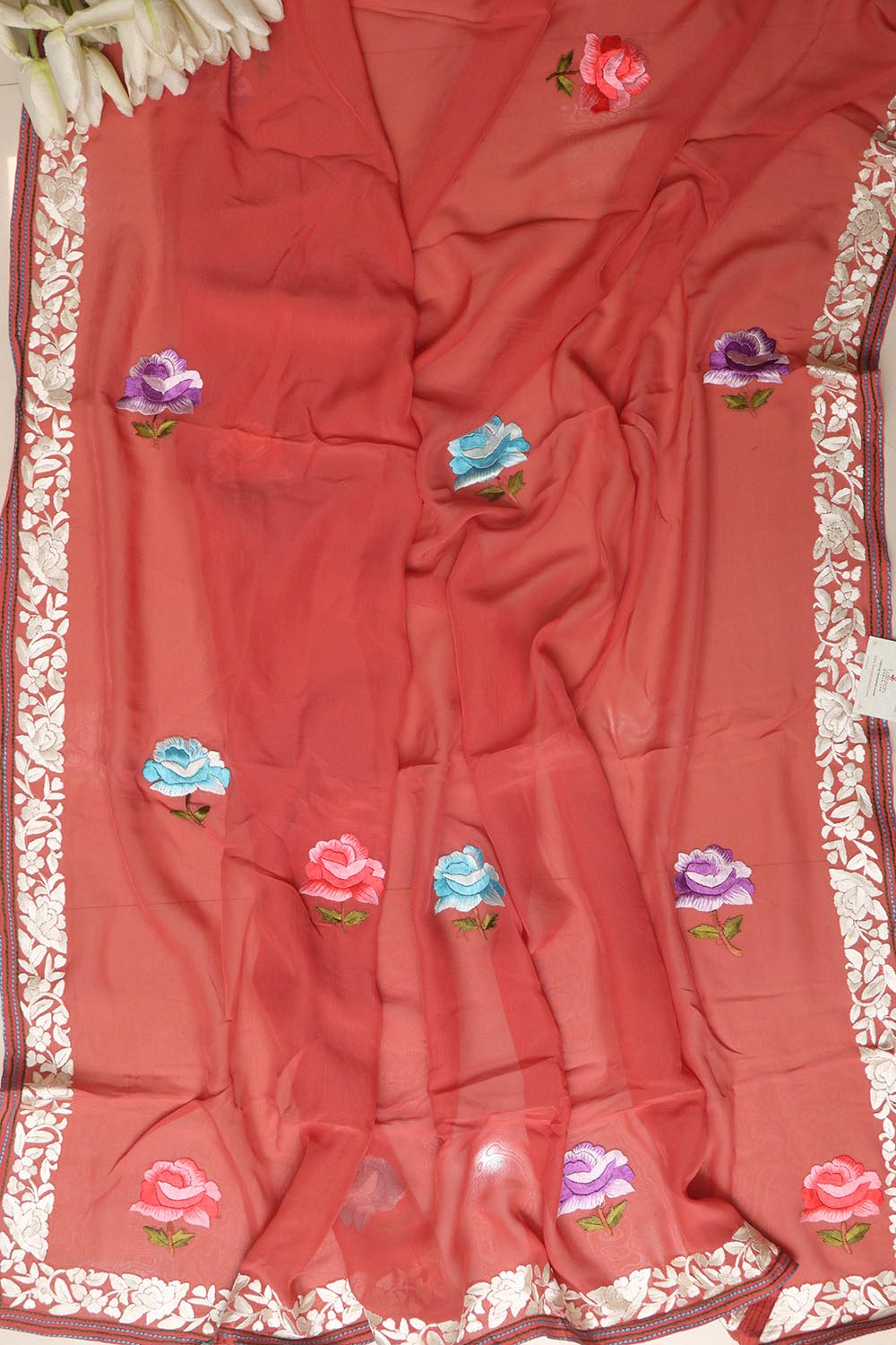 Dark Peach Hand Embroidered Parsi Gara Georgette Flower Design Saree - Luxurion World