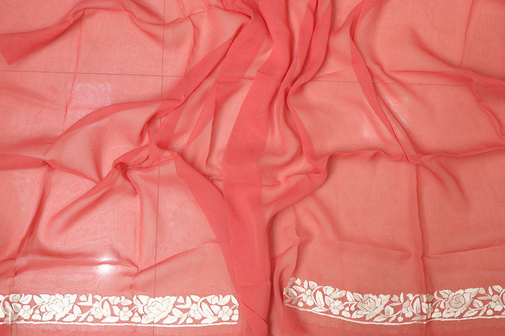 Dark Peach Hand Embroidered Parsi Gara Georgette Flower Design Saree - Luxurion World