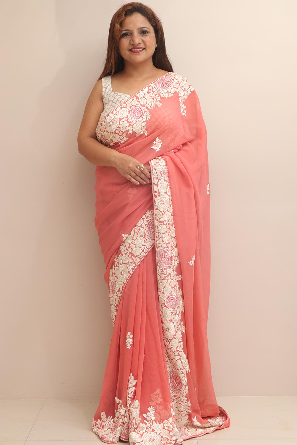 Peach Hand Embroidered Parsi Gara Georgette Flower Design Saree - Luxurion World