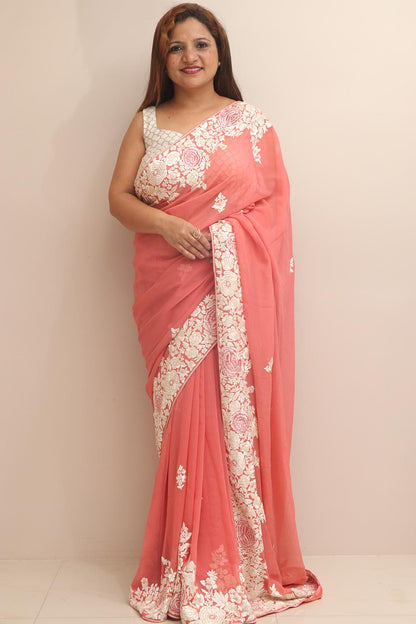 Peach Hand Embroidered Parsi Gara Georgette Flower Design Saree - Luxurion World