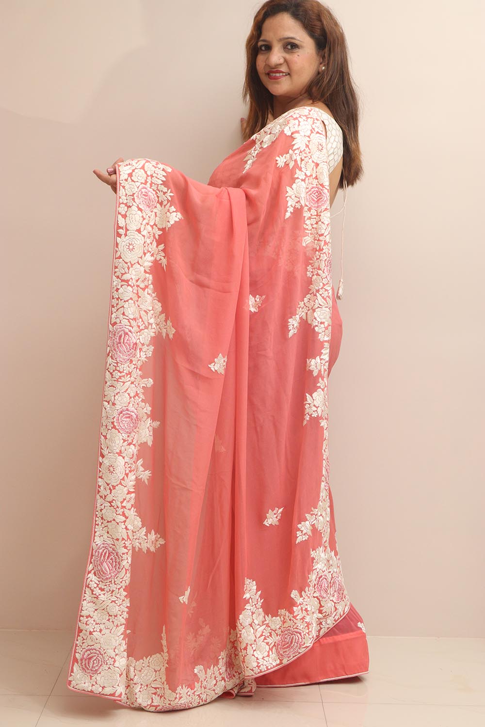 Peach Hand Embroidered Parsi Gara Georgette Flower Design Saree - Luxurion World