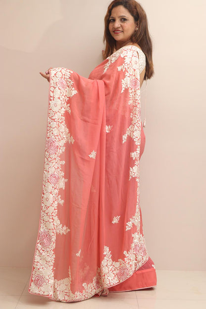 Peach Hand Embroidered Parsi Gara Georgette Flower Design Saree - Luxurion World
