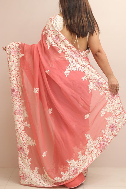 Peach Hand Embroidered Parsi Gara Georgette Flower Design Saree - Luxurion World