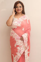 Peach Hand Embroidered Parsi Gara Georgette Flower Design Saree - Luxurion World