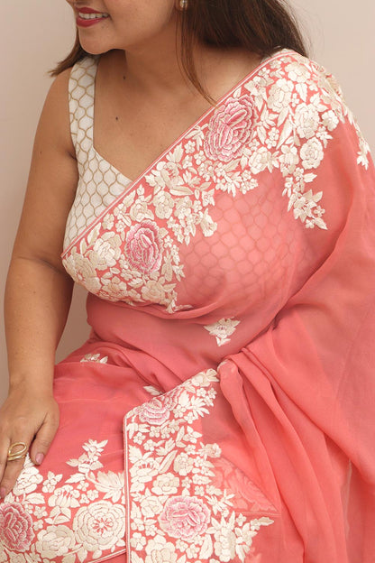 Peach Hand Embroidered Parsi Gara Georgette Flower Design Saree - Luxurion World