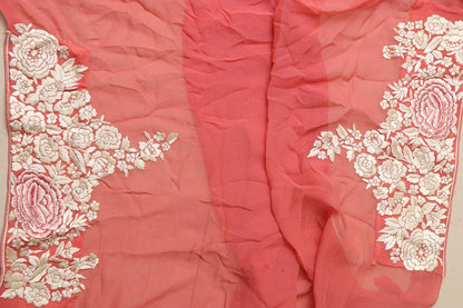 Peach Hand Embroidered Parsi Gara Georgette Flower Design Saree - Luxurion World