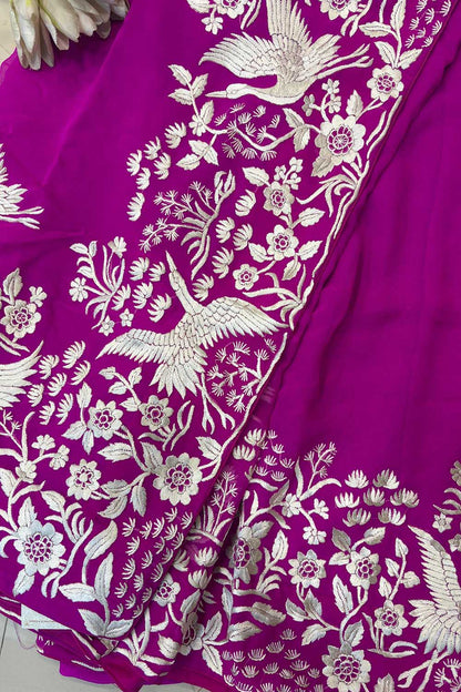 Pink Hand Embroidered Parsi Gara Georgette Flower And Bird Design Saree - Luxurion World