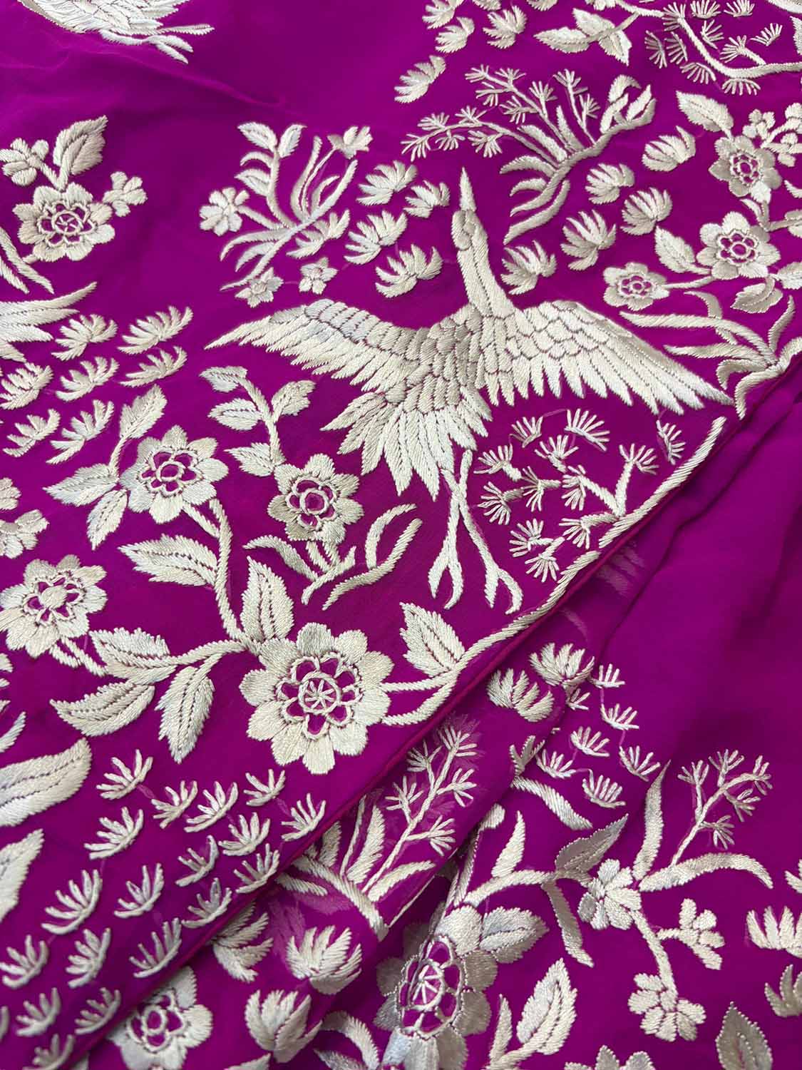 Pink Hand Embroidered Parsi Gara Georgette Flower And Bird Design Saree - Luxurion World