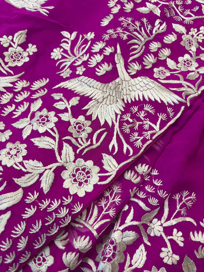 Pink Hand Embroidered Parsi Gara Georgette Flower And Bird Design Saree - Luxurion World