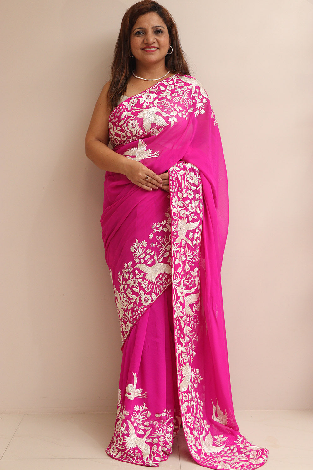 Pink Hand Embroidered Parsi Gara Georgette Flower And Bird Design Saree - Luxurion World