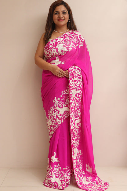 Pink Hand Embroidered Parsi Gara Georgette Flower And Bird Design Saree - Luxurion World