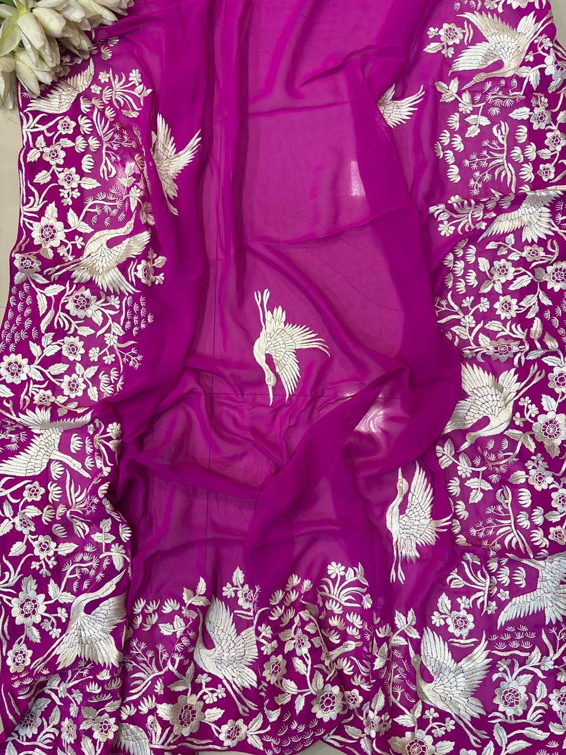 Pink Hand Embroidered Parsi Gara Georgette Flower And Bird Design Saree - Luxurion World