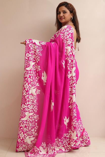 Pink Hand Embroidered Parsi Gara Georgette Flower And Bird Design Saree - Luxurion World