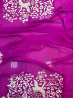 Pink Hand Embroidered Parsi Gara Georgette Flower And Bird Design Saree - Luxurion World