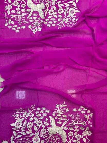Pink Hand Embroidered Parsi Gara Georgette Flower And Bird Design Saree - Luxurion World