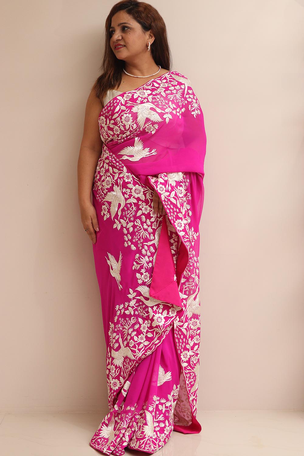 Pink Hand Embroidered Parsi Gara Georgette Flower And Bird Design Saree - Luxurion World