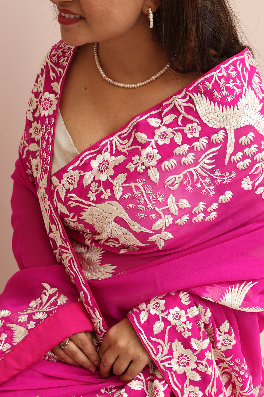 Pink Hand Embroidered Parsi Gara Georgette Flower And Bird Design Saree - Luxurion World