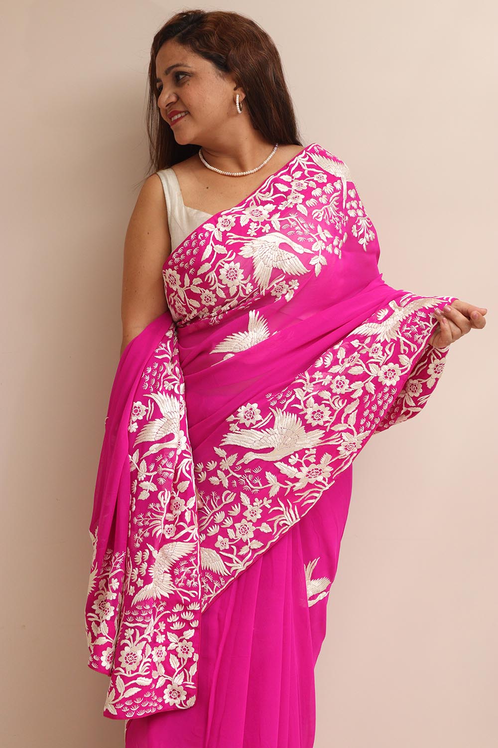 Pink Hand Embroidered Parsi Gara Georgette Flower And Bird Design Saree - Luxurion World