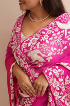 Pink Hand Embroidered Parsi Gara Georgette Flower And Bird Design Saree - Luxurion World