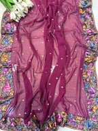 Maroon Hand Embroidered Parsi Gara Georgette Flower Design Saree - Luxurion World
