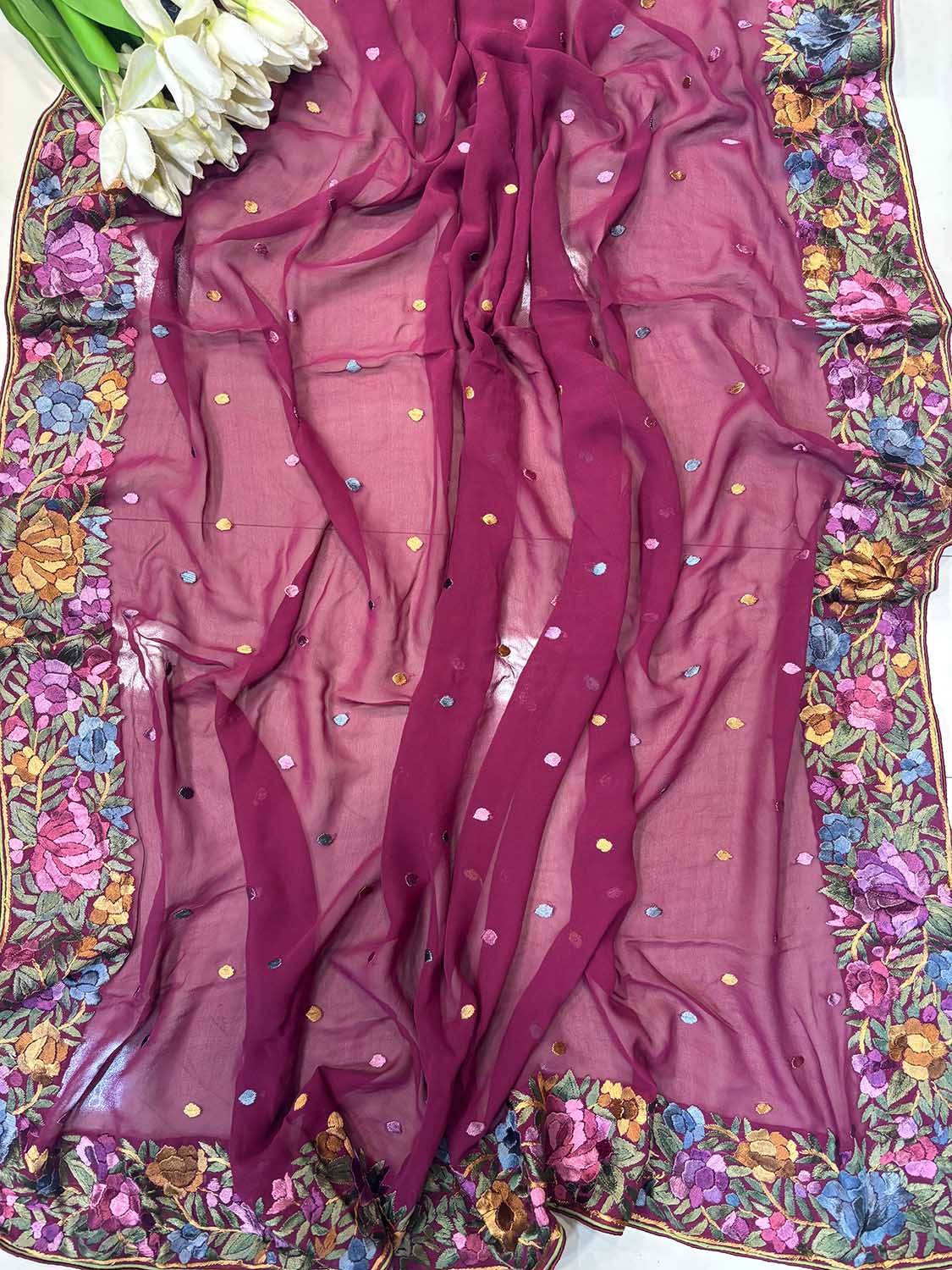 Maroon Hand Embroidered Parsi Gara Georgette Flower Design Saree - Luxurion World