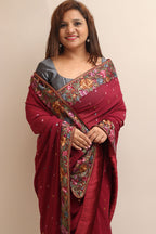 Maroon Hand Embroidered Parsi Gara Georgette Flower Design Saree - Luxurion World