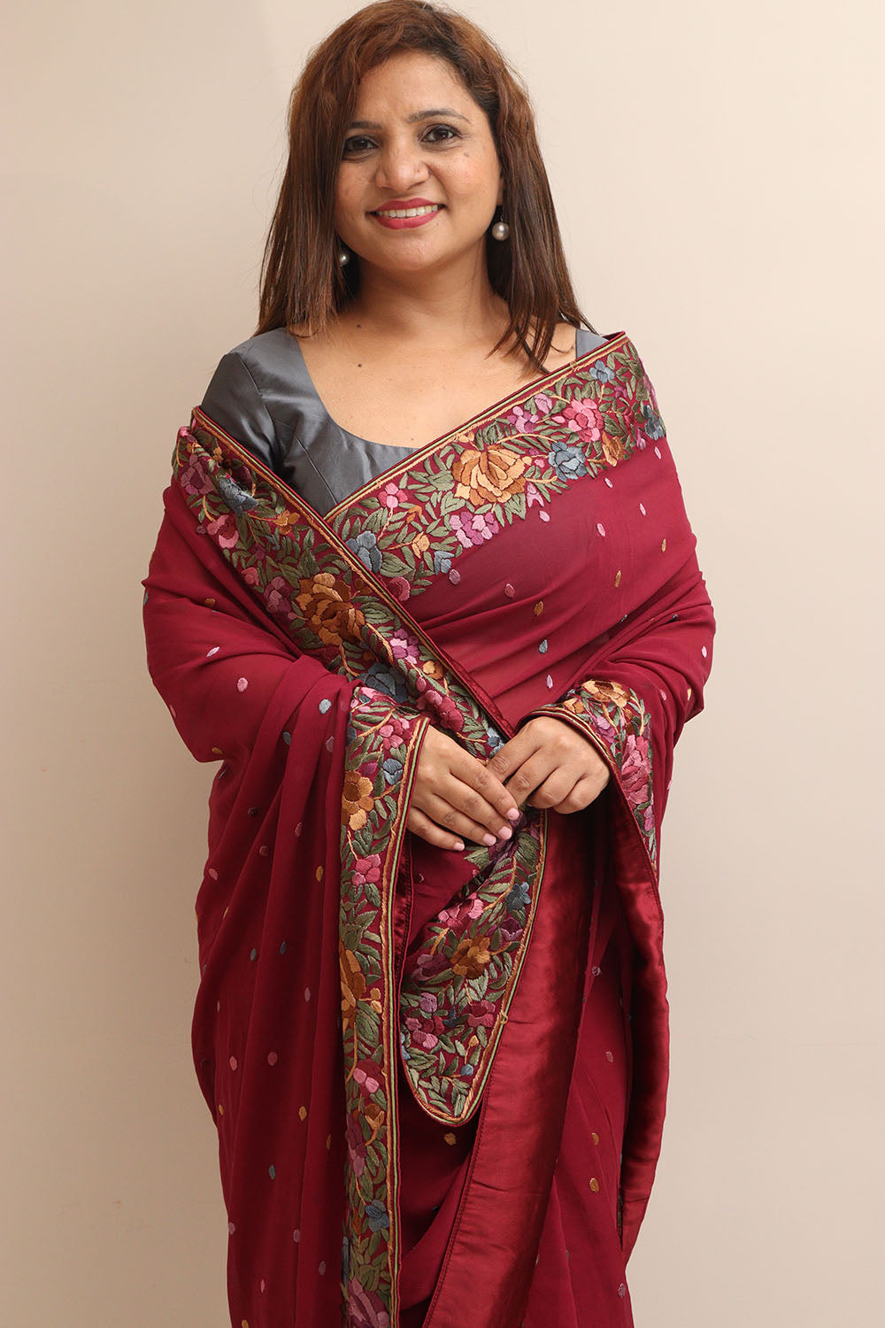 Maroon Hand Embroidered Parsi Gara Georgette Flower Design Saree - Luxurion World