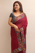 Maroon Hand Embroidered Parsi Gara Georgette Flower Design Saree - Luxurion World