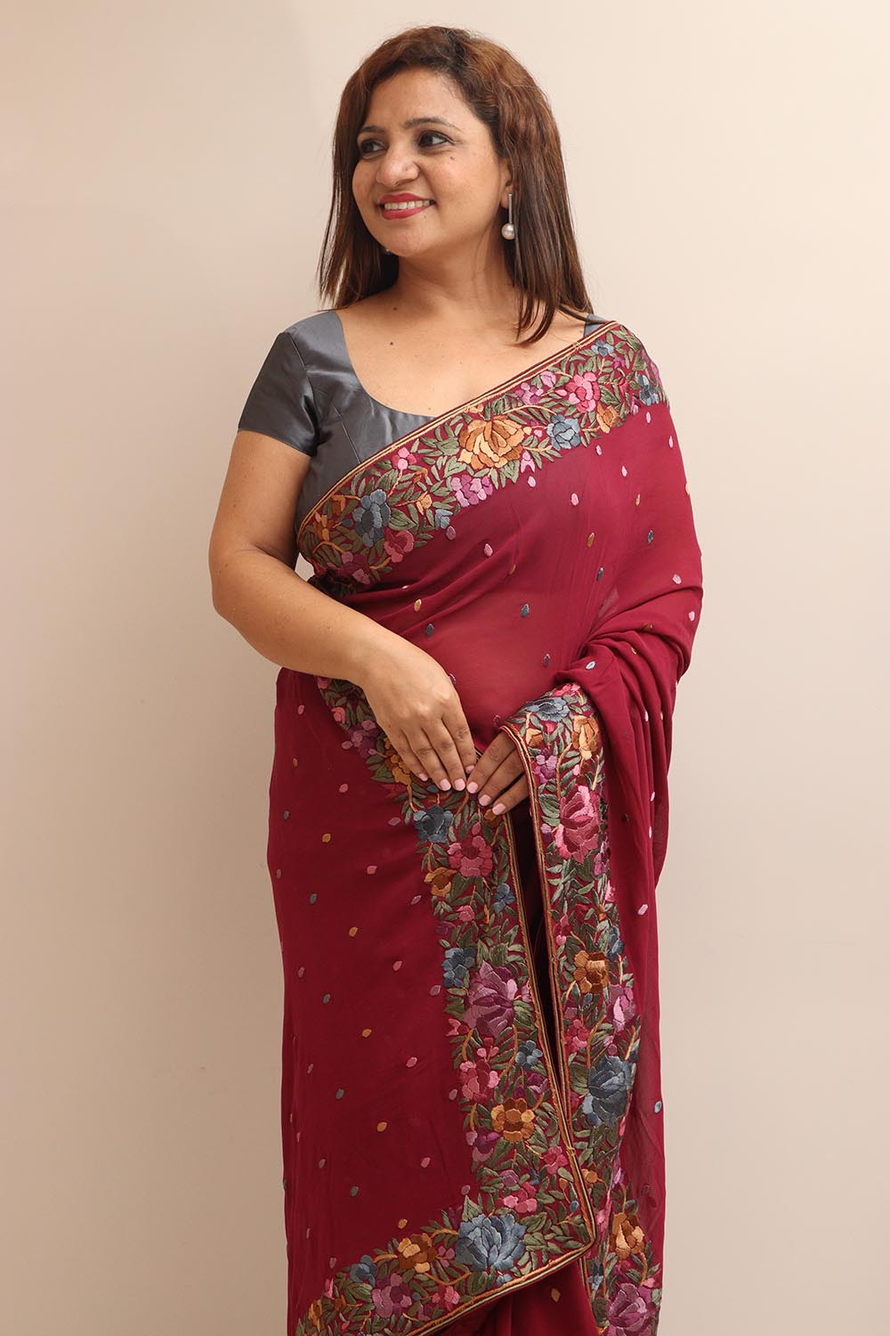 Maroon Hand Embroidered Parsi Gara Georgette Flower Design Saree - Luxurion World
