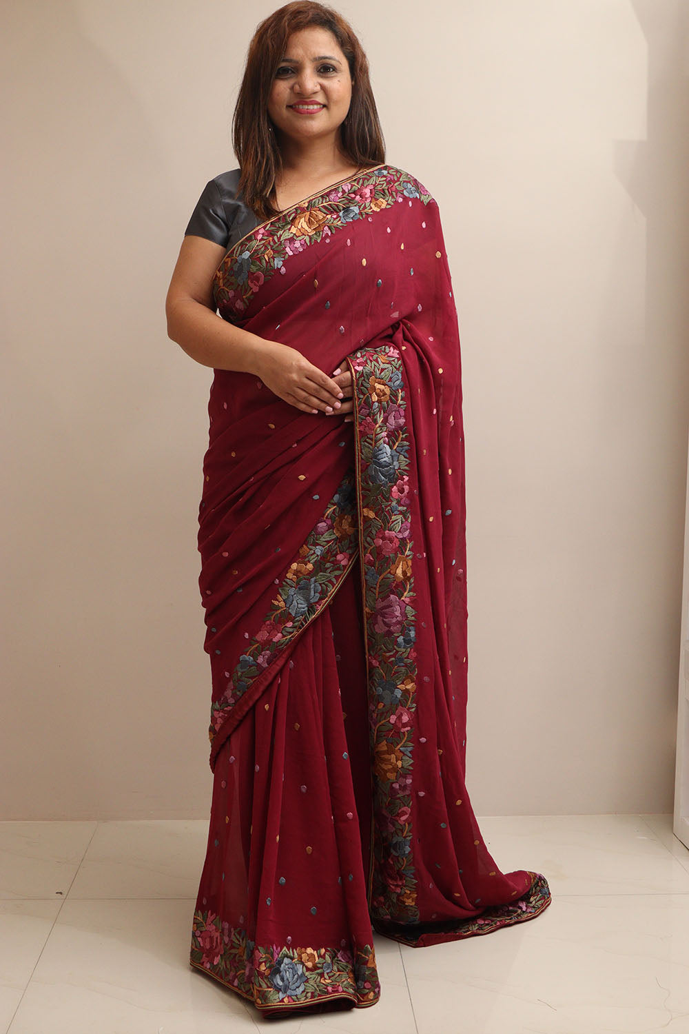 Maroon Hand Embroidered Parsi Gara Georgette Flower Design Saree - Luxurion World