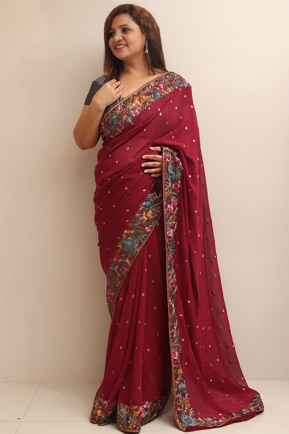 Maroon Hand Embroidered Parsi Gara Georgette Flower Design Saree - Luxurion World