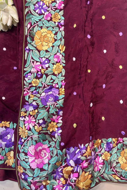Elegant Maroon Hand Embroidered Parsi Gara Crepe Flower Design Saree - Luxurion World
