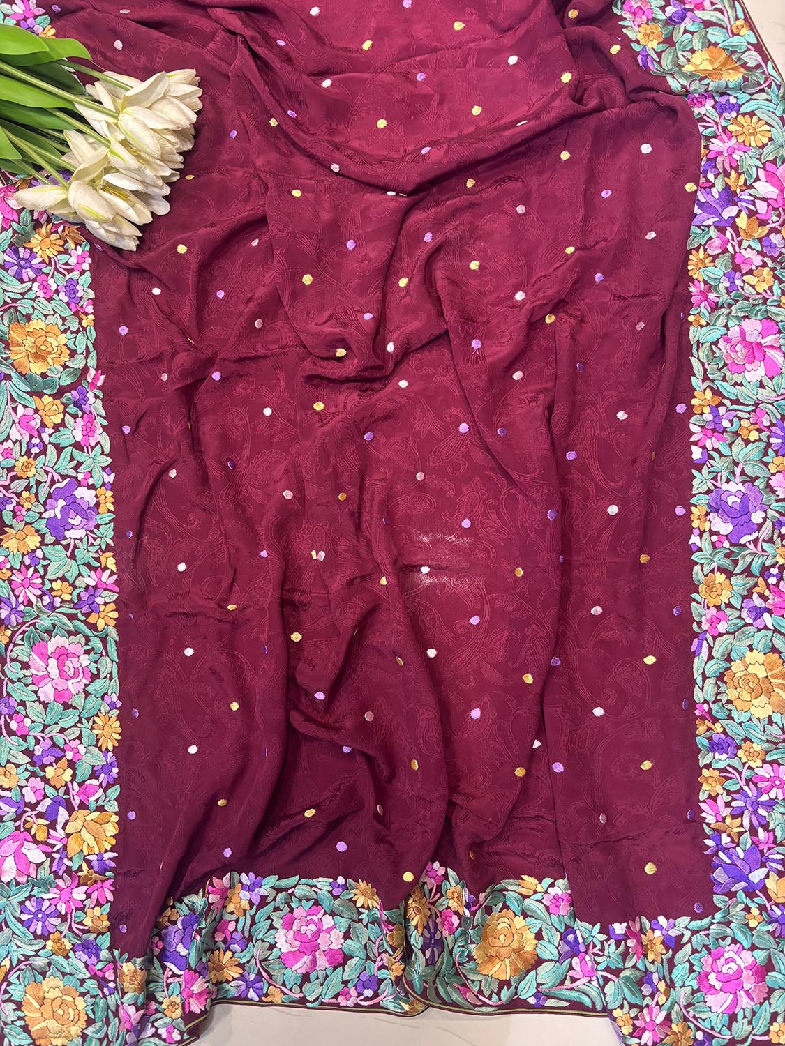 Elegant Maroon Hand Embroidered Parsi Gara Crepe Flower Design Saree - Luxurion World