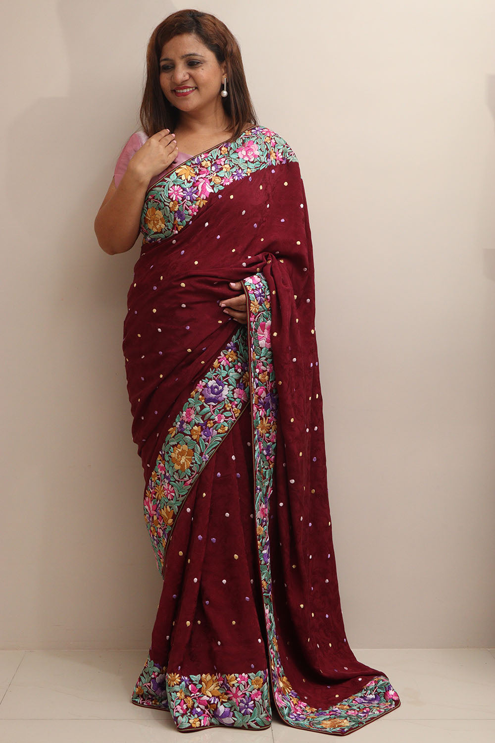 Elegant Maroon Hand Embroidered Parsi Gara Crepe Flower Design Saree - Luxurion World