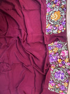 Elegant Maroon Hand Embroidered Parsi Gara Crepe Flower Design Saree - Luxurion World