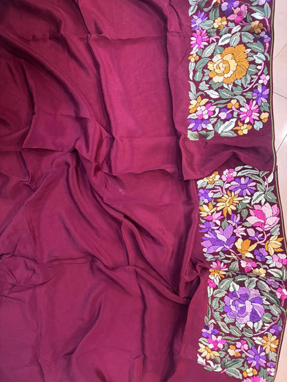 Elegant Maroon Hand Embroidered Parsi Gara Crepe Flower Design Saree - Luxurion World
