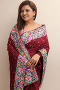 Elegant Maroon Hand Embroidered Parsi Gara Crepe Flower Design Saree - Luxurion World