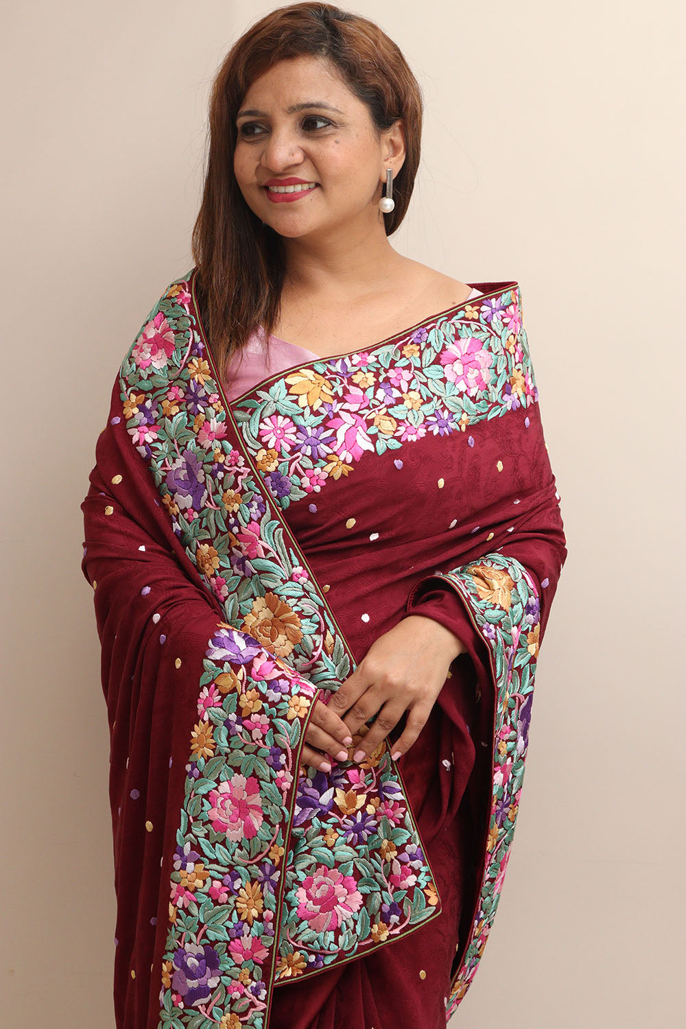 Elegant Maroon Hand Embroidered Parsi Gara Crepe Flower Design Saree - Luxurion World