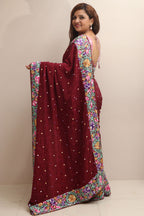 Elegant Maroon Hand Embroidered Parsi Gara Crepe Flower Design Saree - Luxurion World