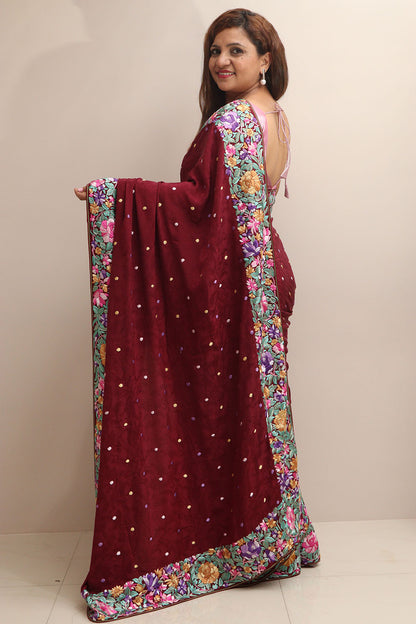 Elegant Maroon Hand Embroidered Parsi Gara Crepe Flower Design Saree - Luxurion World