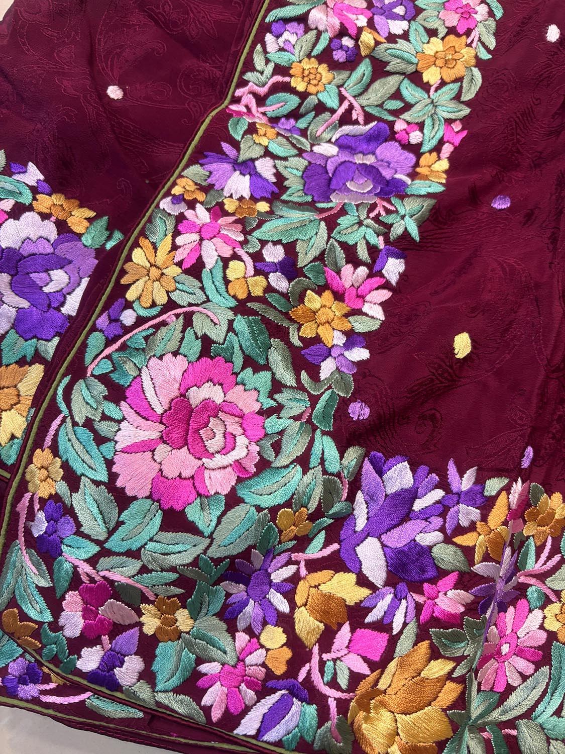 Elegant Maroon Hand Embroidered Parsi Gara Crepe Flower Design Saree - Luxurion World
