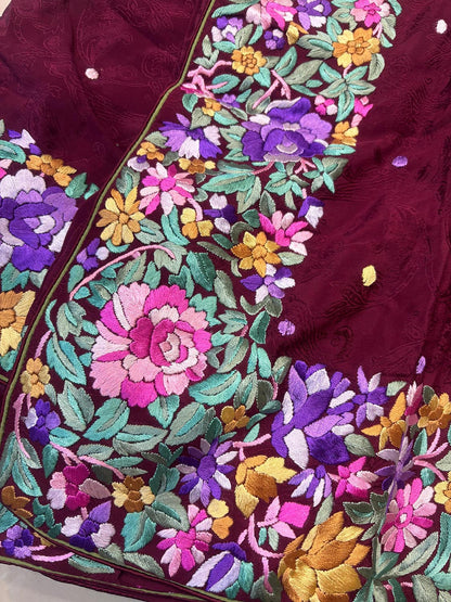 Elegant Maroon Hand Embroidered Parsi Gara Crepe Flower Design Saree - Luxurion World
