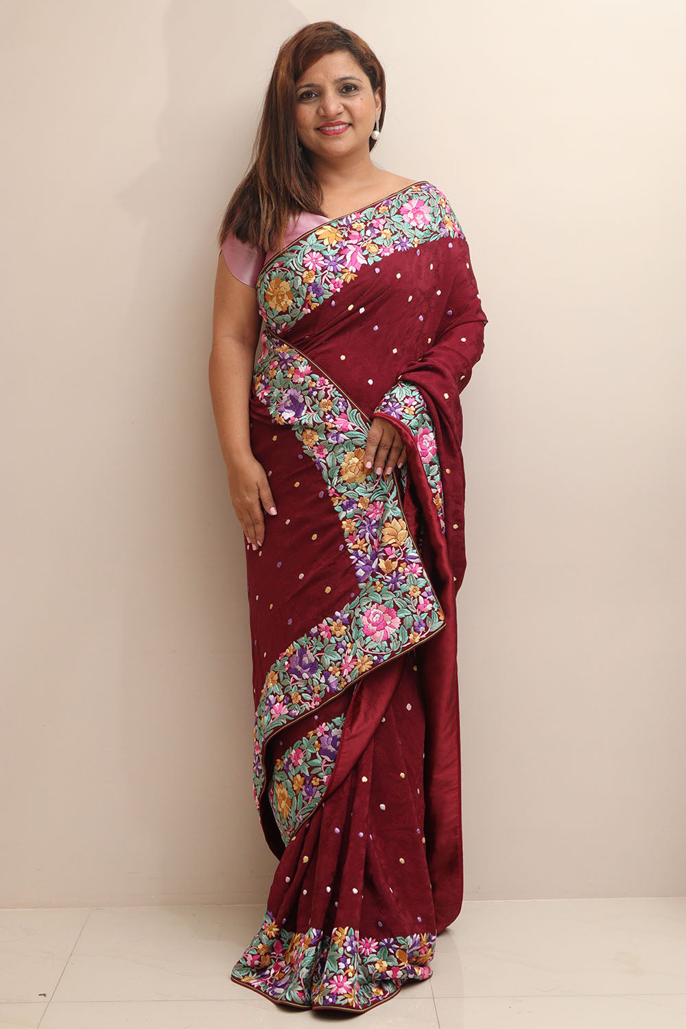 Elegant Maroon Hand Embroidered Parsi Gara Crepe Flower Design Saree - Luxurion World