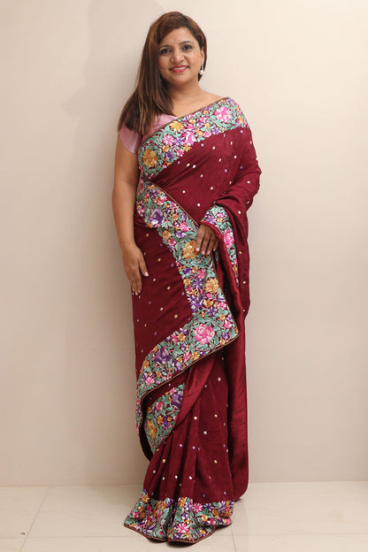 Elegant Maroon Hand Embroidered Parsi Gara Crepe Flower Design Saree - Luxurion World